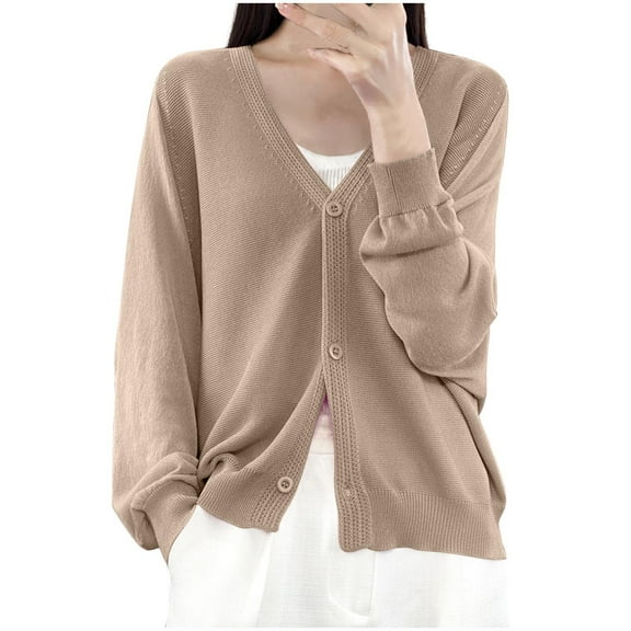 Women's Basic Solid V Neck Cardigan Sweaters - 2025 Fall Long Sleeve Knit Casual Button Up Outerwear Coats Khaki L
