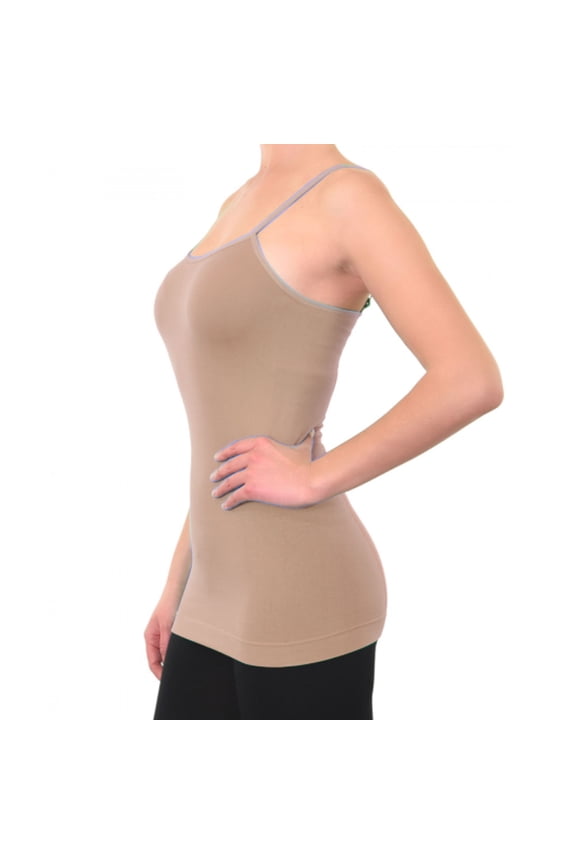 Women's Basic Stretch Camisole Tank Top Spaghetti Strap Long Plain Cami Beige