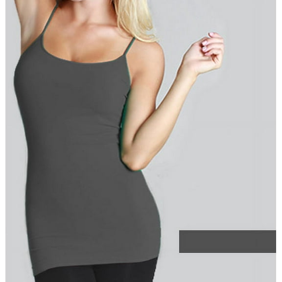 Women's Basic Stretch Camisole Tank Top Spaghetti Strap Long Plain Cami New Grey