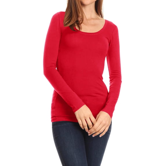 Women's Basic Stretch Pull On Casual Long Sleeve Scoop Neck Fitted Solid T-Shirt Top Red S