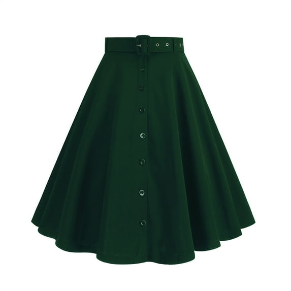 Women's Basic Stretchy Flared Casual Midi Skirt Vintage Pleated High Waist A-line Swing Skirts with Pockets Belts