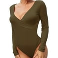 thumbnail image 1 of Women's Basic T-Shirt Bodysuit V Neck Thong Back Cotton Knit Long Sleeve Pure Color For Club Beach Party Cocktail Party Evening, 1 of 6