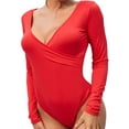thumbnail image 1 of Women's Basic T-Shirt Bodysuit V Neck Thong Back Cotton Knit Long Sleeve Pure Color For Club Beach Party Cocktail Party Evening, 1 of 6