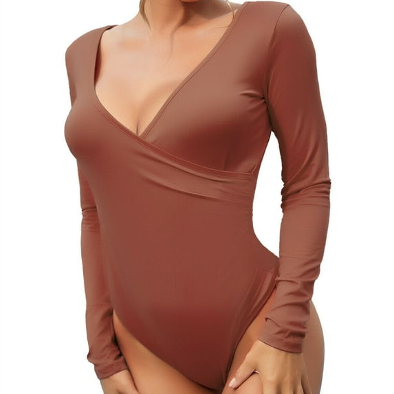 Women's Basic T-Shirt Bodysuit V Neck Thong Back Cotton Knit Long Sleeve Pure Color For Club Beach Party Cocktail Party Evening