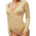 thumbnail image 1 of Women's Basic T-Shirt Bodysuit V Neck Thong Back Cotton Knit Long Sleeve Pure Color For Club Beach Party Cocktail Party Evening, 1 of 6