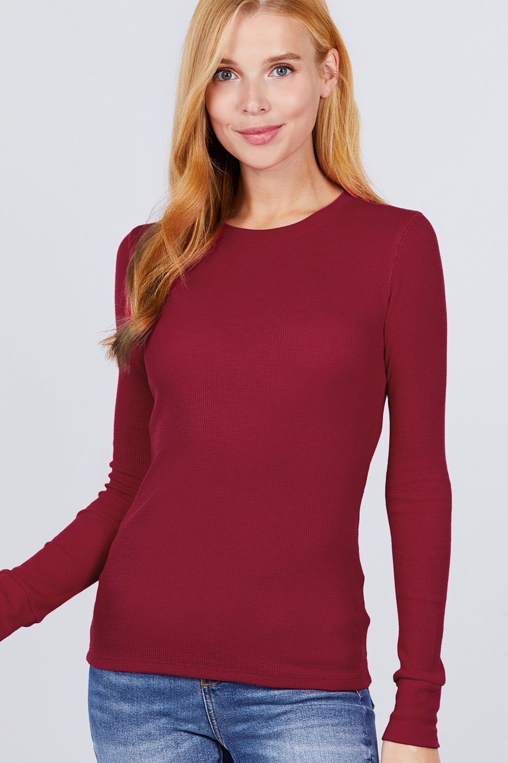 Women s Basic Thermal Long Sleeve Knit T Shirt Crew Neck