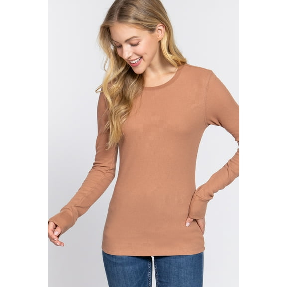 Women's Basic Thermal Long Sleeve Knit T-Shirt Crew Neck