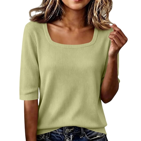 Women's Basic Tops Square Neck T Shirts Ribbed Knit Slim Half Sleeve Tee Clothes Trendy Daily Outfit Tops