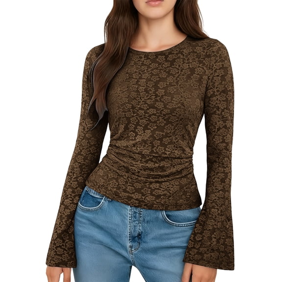 Women's Basic Tops Winter Solid Color Long Sleeve Bell Sleeves Floral Round Neck Tops Elegant Pullover Soft Stretchy Going Out Vacation Tunic Business Casual Outfits