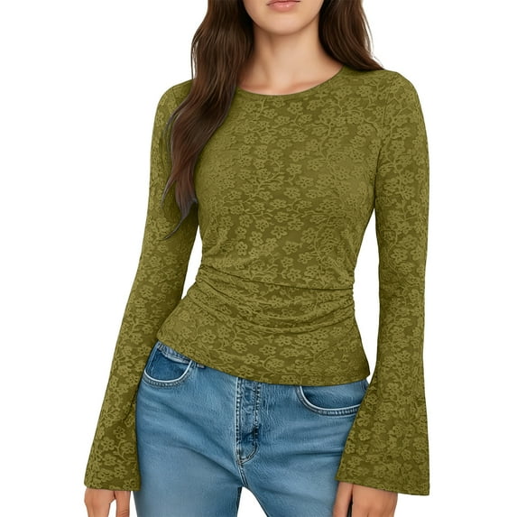 Women's Basic Tops Winter Solid Color Long Sleeve Bell Sleeves Floral Round Neck Tops Elegant Pullover Soft Stretchy Going Out Vacation Tunic Business Casual Outfits