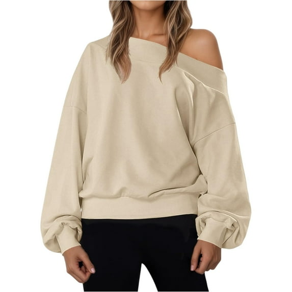 Women's Basic Trendy Y2K Fall Clothes Off Shoulder Sweatshirt Long Sleeve Casual Pullovers Tops Khaki M