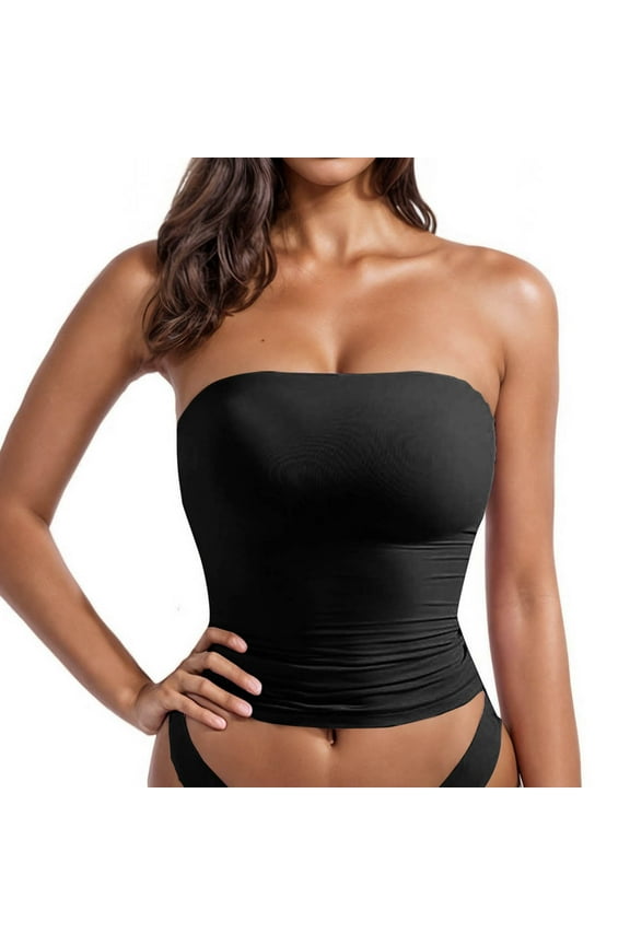Women's Basic Tube Tops Built in Shelf Bra Strapless Crop Tops Bandeau Longline Padded Push Up Bra