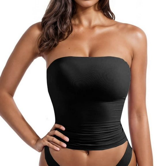 Women's Basic Tube Tops Built in Shelf Bra Strapless Crop Tops Bandeau Longline Padded Push Up Bra