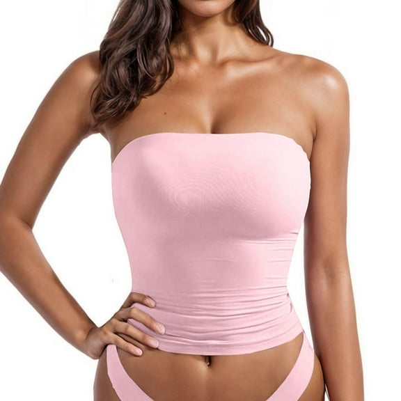 Women's Basic Tube Tops Built in Shelf Bra Strapless Crop Tops Bandeau Longline Padded Push Up Bra