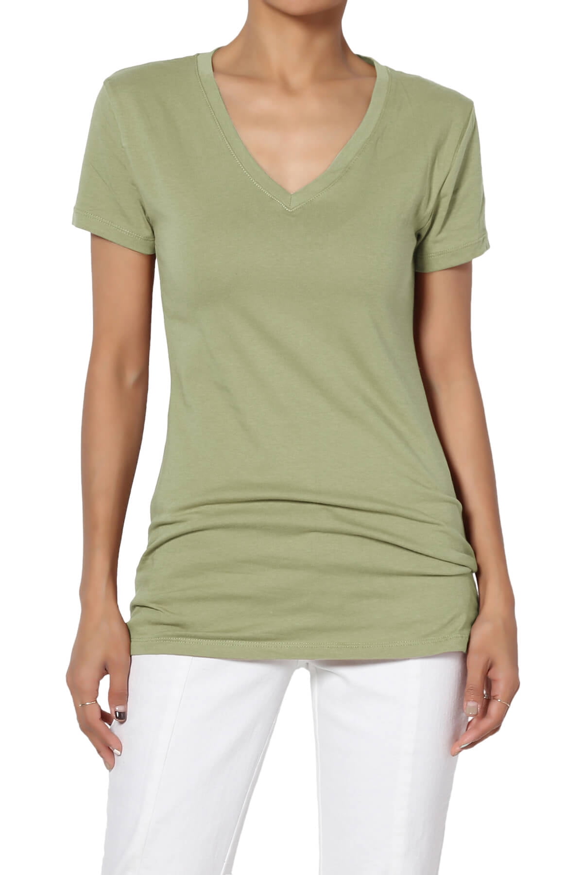 Amoretu Women's Solid Color V-Neck T-Shirt – Basic Fitted Tee, Soft Stretch Fabric, Casual Tops (Navy Blue, XL)