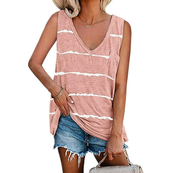 Women's Basic V Neck T-shirt sleeveless top floral split vest - pink