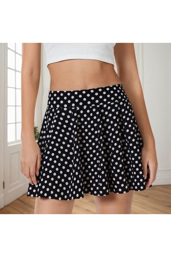 Women's Basic Versatile Stretch Bell Bottom Casual Mini Skater Polka Dot Skirt Black XXXL