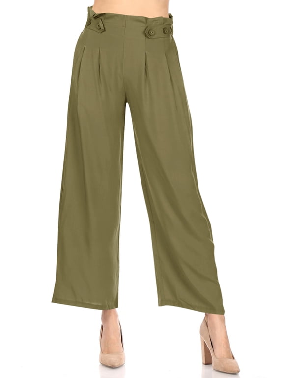 Women's Basic Wide Leg Elastic Waistband Button Detailing Pants