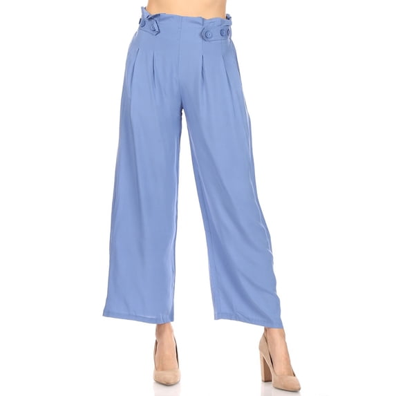 Women's Basic Wide Leg Elastic Waistband Button Detailing Pants