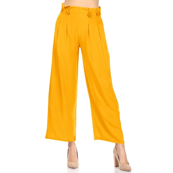 Women's Basic Wide Leg Elastic Waistband Button Detailing Pants