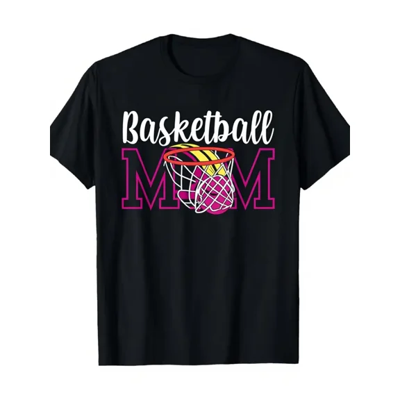 Women's Basketball Mom Graphic T-Shirt - Funny Sports Fan Gift with Basketball Hoop & BM Lettering, Casual Round Neck Short Sleeve Tee, Black with Pink Lettering & Basketball