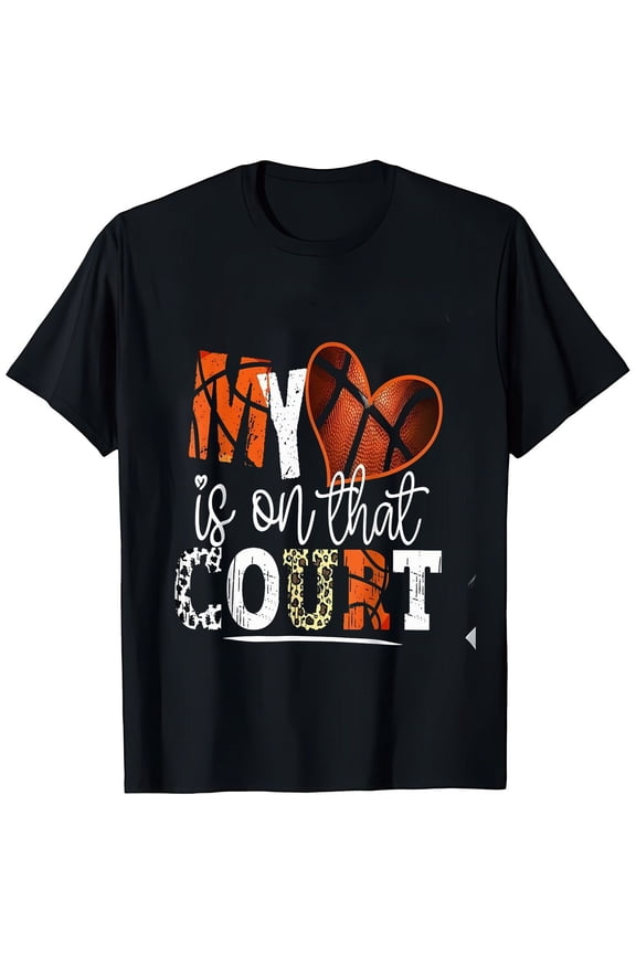 Women's Basketball Mom T-Shirt - "My Heart is on That Court" Design, Soft, Short Sleeve, Casual Fit, Black with Leopard Print & Basketball Graphics, Round Neck, Machine Washable