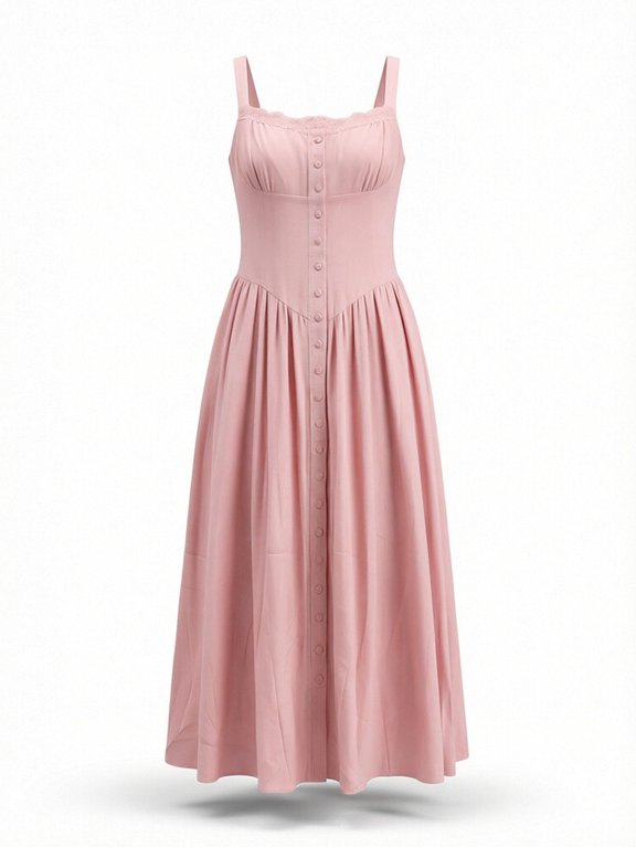 Women's Basque Waist Button Down Pink Lace Trim Vintage A Line Midi Dress for Summer Picnic and Garden Party