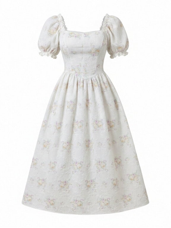 Women's Basque Waist Jacquard Woven Maxi Dress with Puff Sleeves and Square Neck for Summer Garden Parties