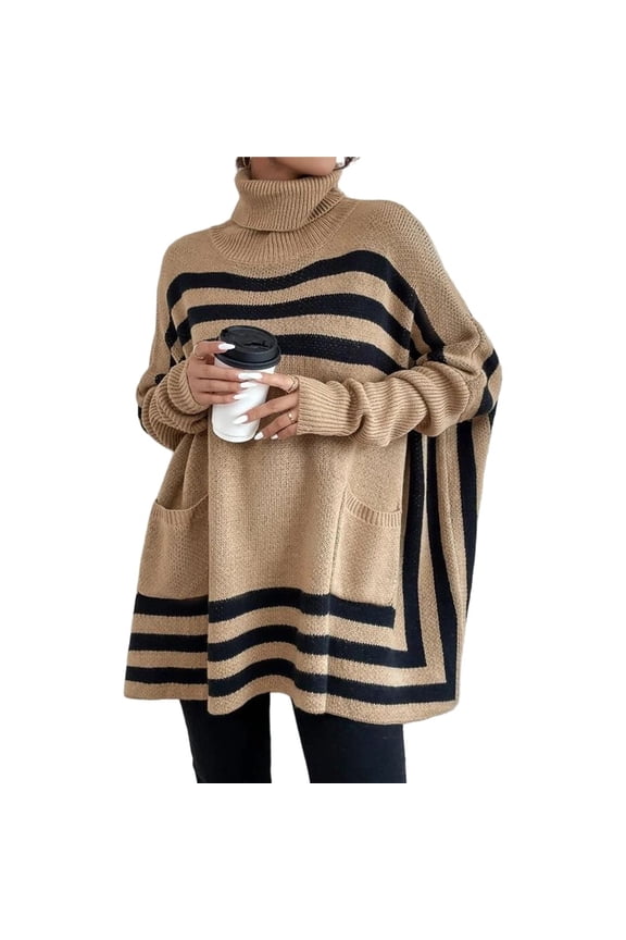 Women's Bat Sleeve Sweater High Neck Bat Sleeve Striped Sweater Mock Neck Sweater Khaki S
