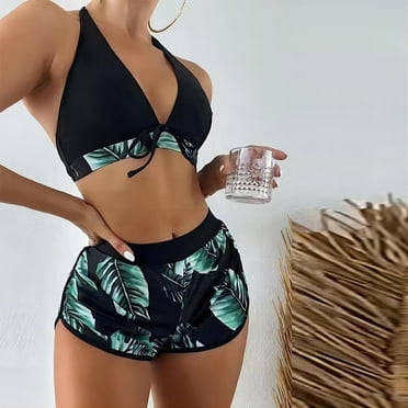 Women's Bathing Suit 3-Piece Bikini Sets Thong Bikini Sets Cross Sling High Waist Short Swimsuits Sets for Women