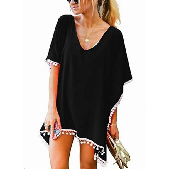 Women's Bathing Suit Cover Up Chiffon Tassel Cover Ups Beach Bikini Swimwear Swimsuit Dress Coverups Plus Size Black