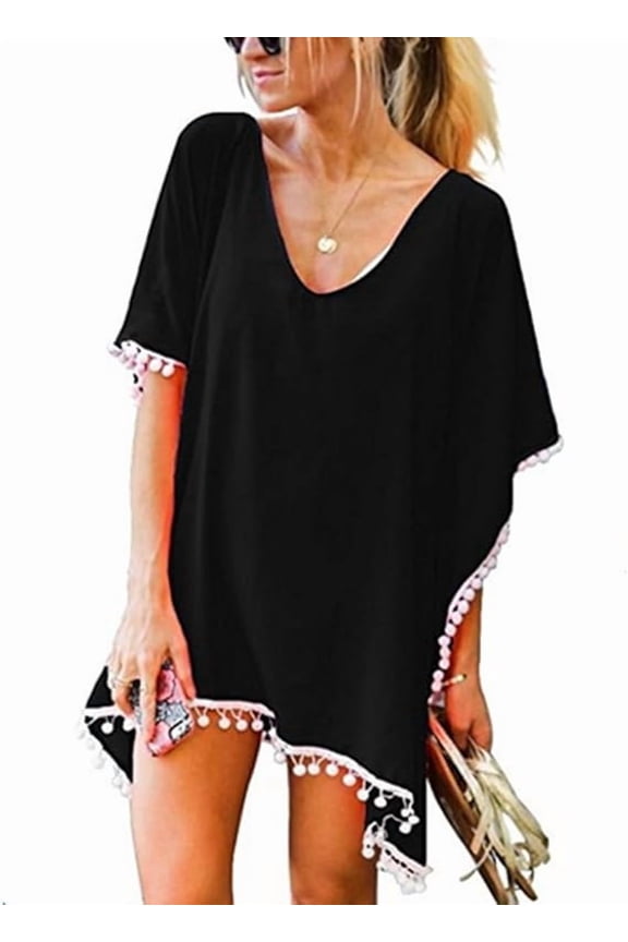 Women's Bathing Suit Cover Up Chiffon Tassel Cover Ups Beach Bikini Swimwear Swimsuit Dress Coverups Plus Size Black