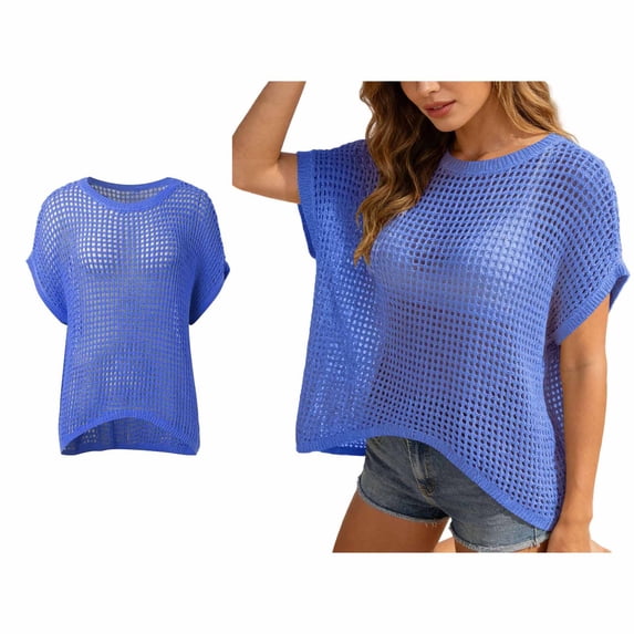 Women's Bathing Suit Cover Up Short Sleeve Crochet Swimsuit Cover Up Mesh Knit Loose Top Summer Outfit Beach Cover Up for Women