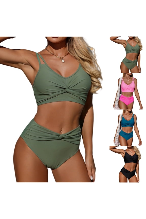 Women's Bathing Suit Sets 2026 High Waisted V-Wire Two Piece Ruched Tummy Control Bikini Swimsuits Black L