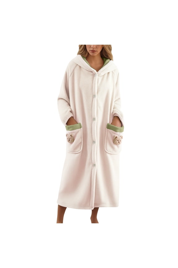 Women's Bathrobe Flannel Fleece Loungewear Robe witn Cute Bear On Pockets Beige XXXXS