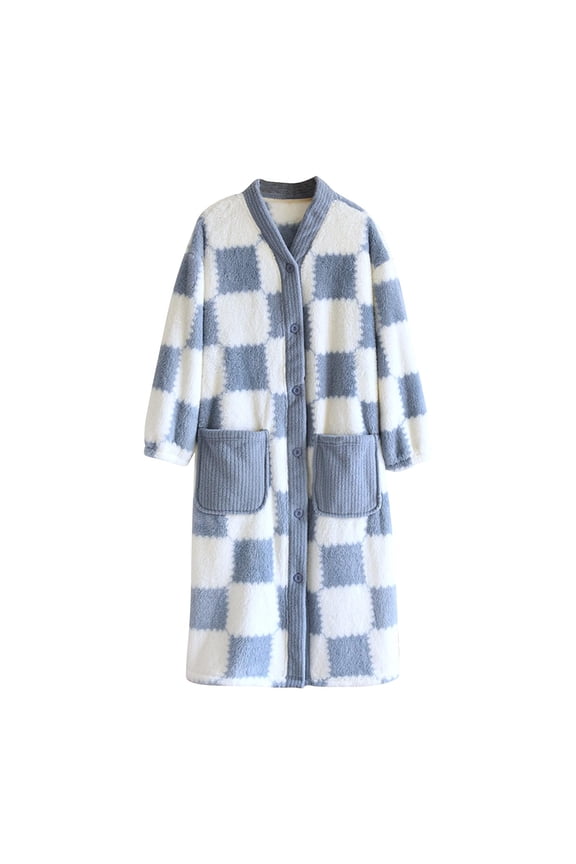 Women's Bathrobe Long Sleeve V Neck Button Down Color Block Cardigan Robe Home Wear with Pockets Blue M