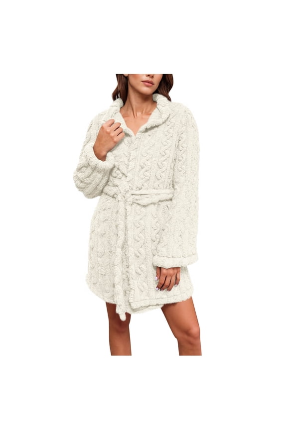 Women's Bathrobe Mini Length Long Sleeve Solid Lapel Collar Ribbed Fleece Home Wear with Pockets Beige S