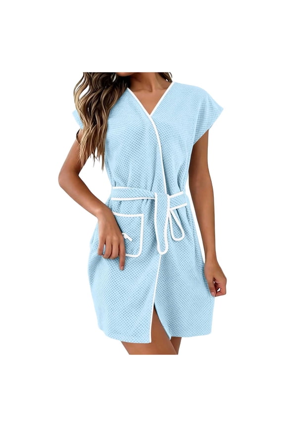 Women's Bathrobe Solid Color Plush Absorbent Quick Dry Mid-Length Sleeveless Robe with Pocket Spa Loungewear Sleep Robe for Women Light Blue