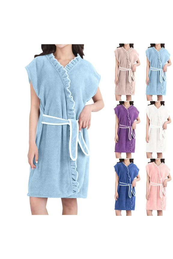 Women’s Bathrobe Towel Dress Wearable Bath Wrap Soft Absorbent Sleepwear Spa Robe Quick Dry Loungewear with Belt