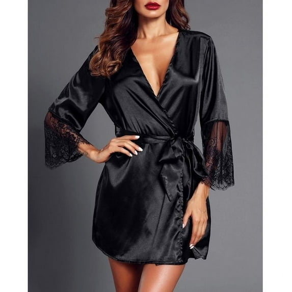 Women's Bathrobes Satin Robe Nightgown Sleepwear Pajamas Lingerie Night Dress Short Bathrobes Black M