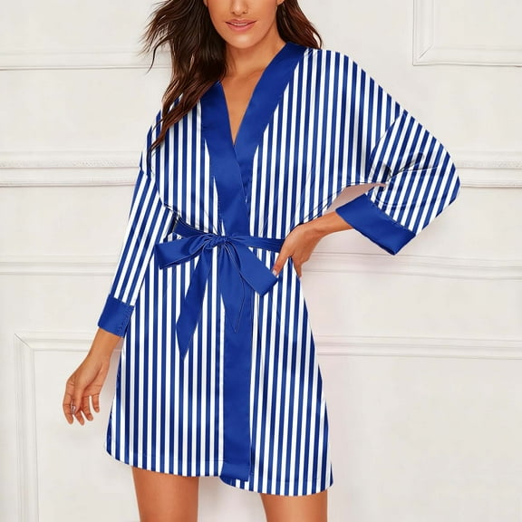 Women's Bathrobes V Neck 3/4 Sleeve Stripes Short Nightgown Lightweight Loose Casual Comfy Home Wear (S, Blue)