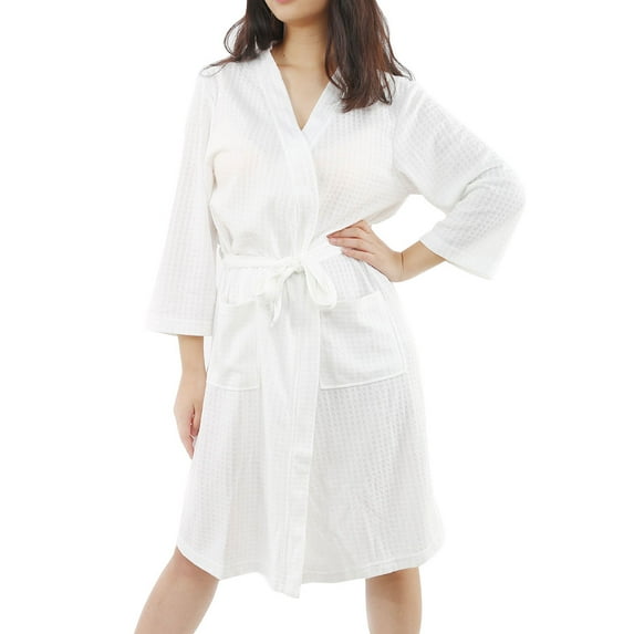Unique Bargains Women's Bathrode Knee Length Knit Waffle Spa Robe M White