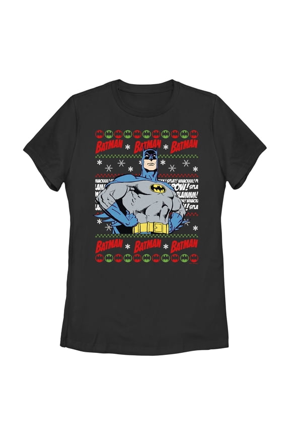Women's Batman Christmas Sweater Graphic Tee Black Small