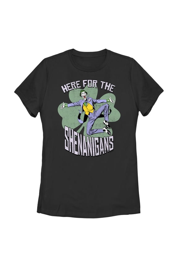 Women's Batman St. Patrick's Day Joker Here for the Shenanigans Graphic Tee Black Medium
