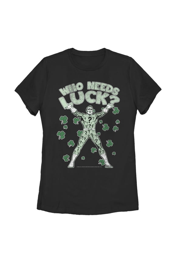 Women's Batman St. Patrick's Day Riddler Who Needs Luck Distressed Graphic Tee Black Small