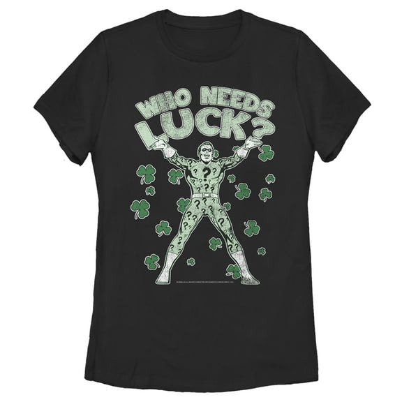 Women's Batman St. Patrick's Day Riddler Who Needs Luck Distressed  Graphic Tee Black X Large