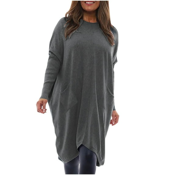 Clearance Women's Batwing Long Sleeve Plus Size Loose Tunic Tops to Wear with Leggings 2 Pockets Crewneck Plain T-shirt Tops (L, Gray)