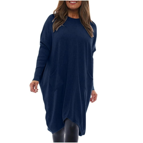 Women's Batwing Long Sleeve Plus Size Loose Tunic Tops to Wear with Leggings 2 Pockets Crewneck Plain T-shirt Tops (Small, Navy)