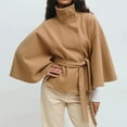 thumbnail image 1 of Women's Batwing Sleeve Cape Coat, Cropped Wool Blend Poncho, Belted Stand Collar Overcoat, Short Winter Cloak, Tied Waist Cape Jacket, Casual Cropped Overcoat, Elegant Cape Coat Khaki XL, 1 of 5