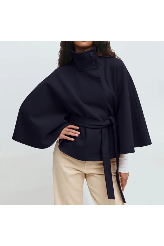 Women's Batwing Sleeve Cape Coat, Cropped Wool Blend Poncho, Belted Stand Collar Overcoat, Short Winter Cloak, Tied Waist Cape Jacket, Casual Cropped Overcoat, Elegant Cape Coat Blue S